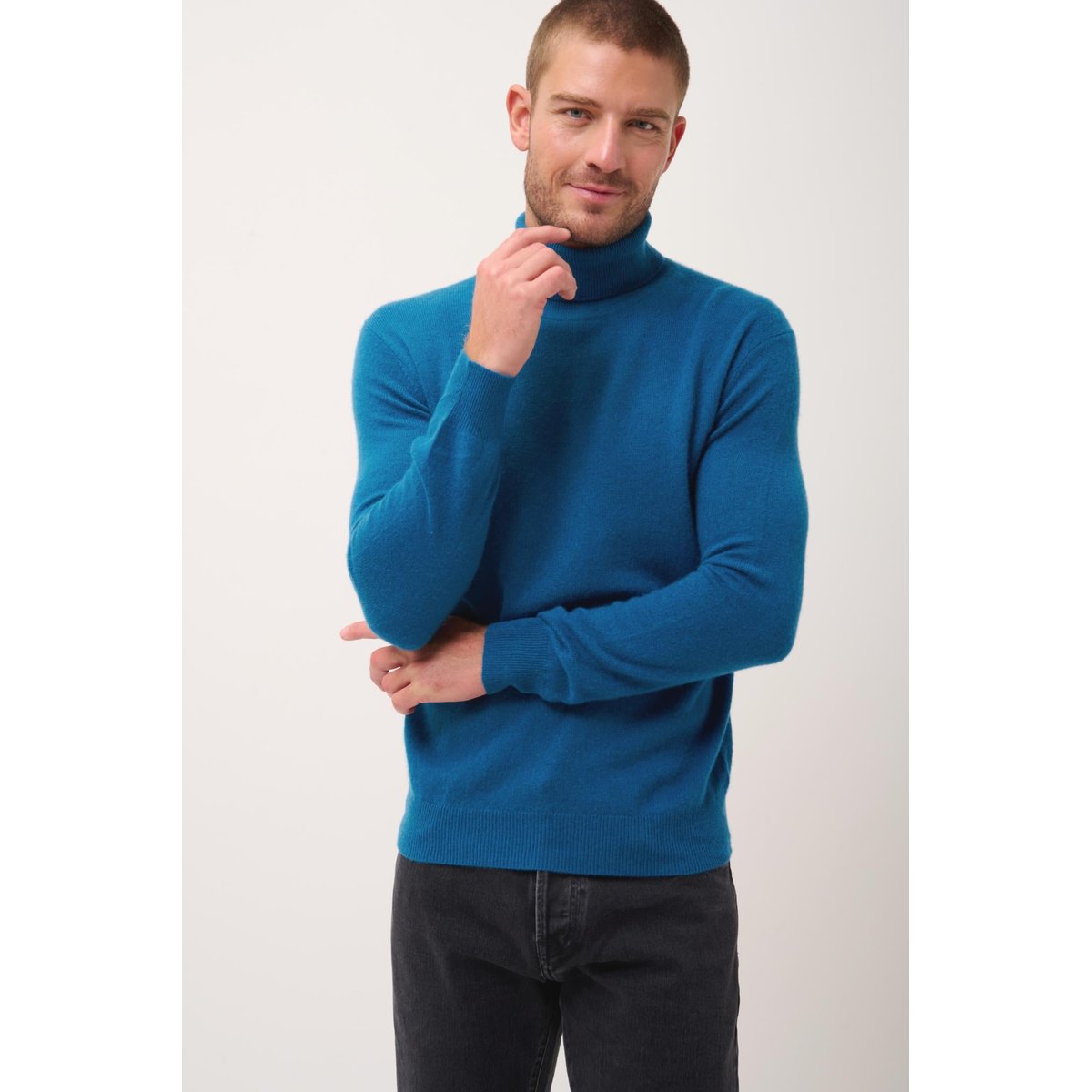 Pull Col Roulé Paon Connor bleu vert, JUST CASHMERE
