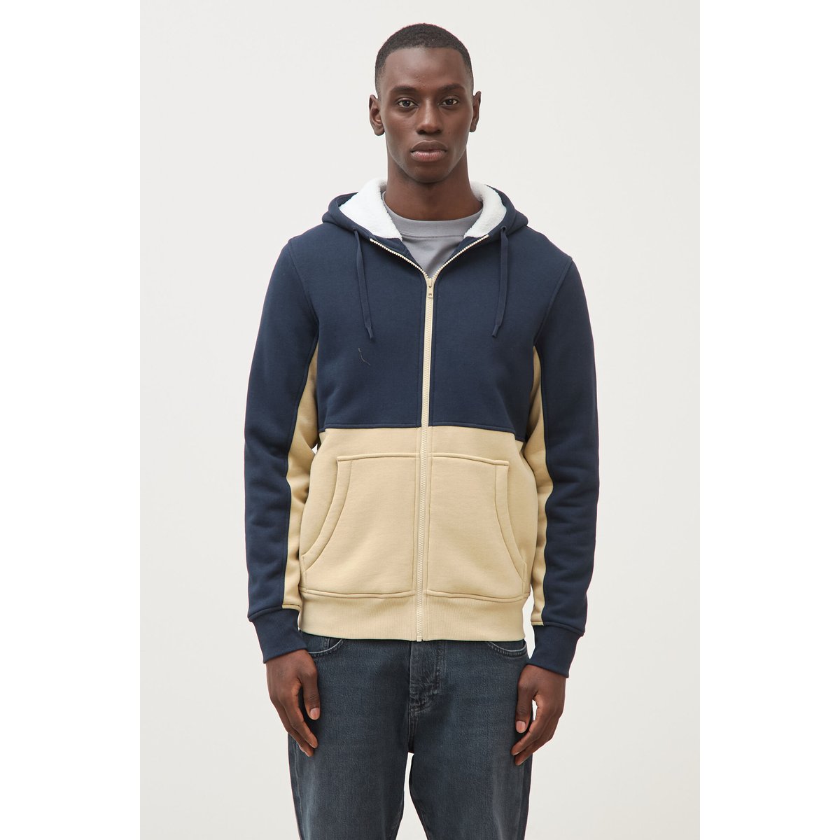 Sweat droit sherpa à capuche bleu marine, BONOBO
