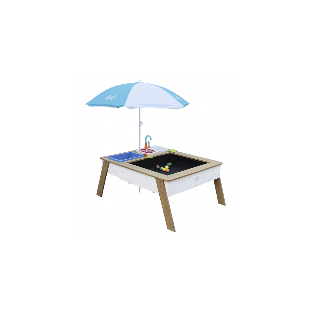 AXI Linda Table sable et eau avec Cuisine et evier Marron Blanc Parasol Bleu Blanc couleur unique, AXI HOUSE