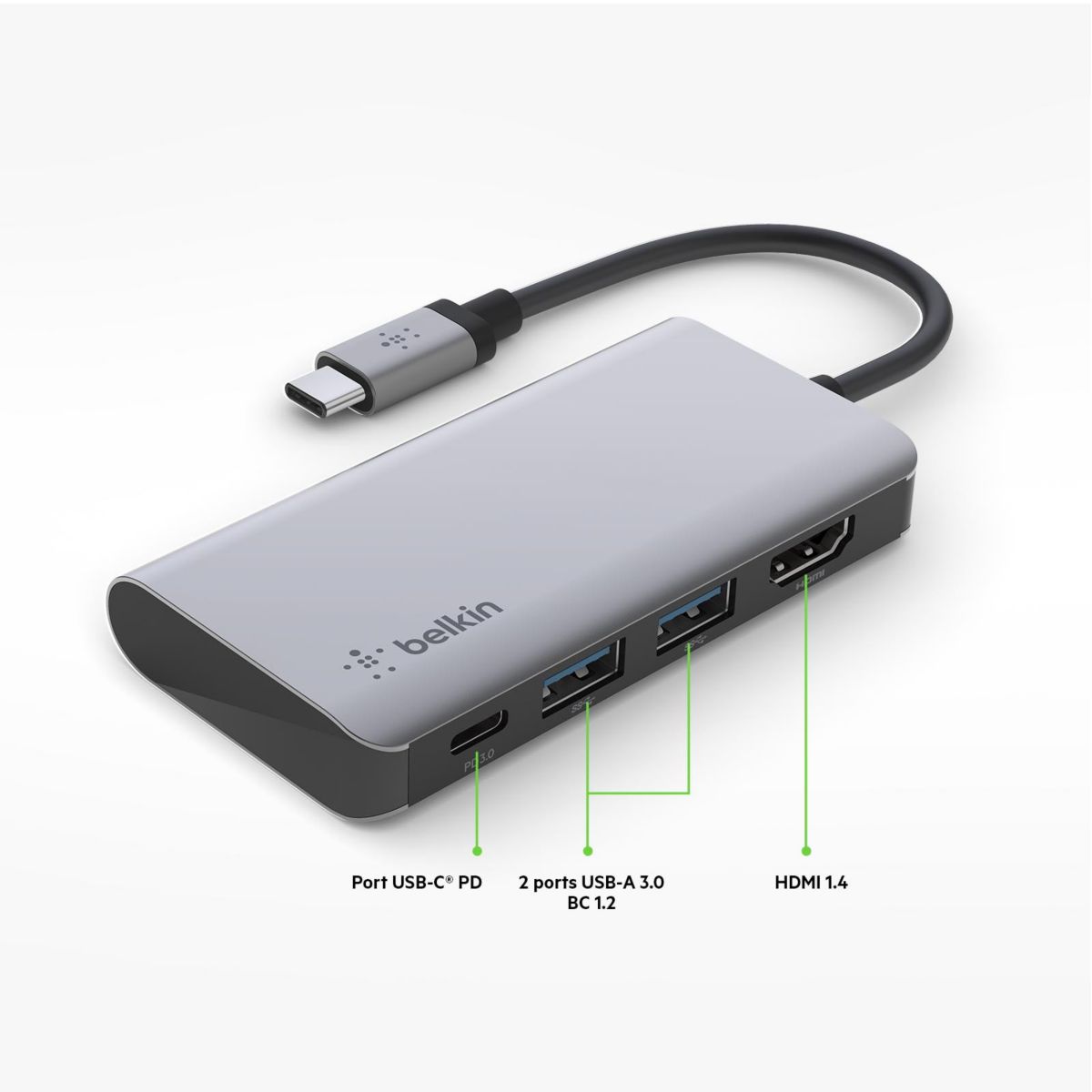 Adaptateur HDMI USB-C multiport 4-en-1 gris, BELKIN