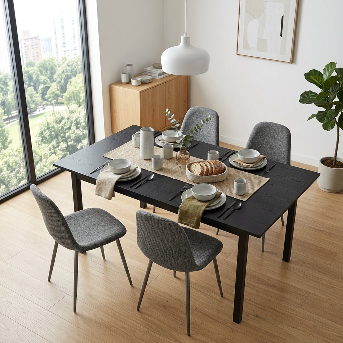 Ensemble de table à manger extensible à allonge avec 4 chaises, BARICHARLTON gris foncé, MEUBLES COSY