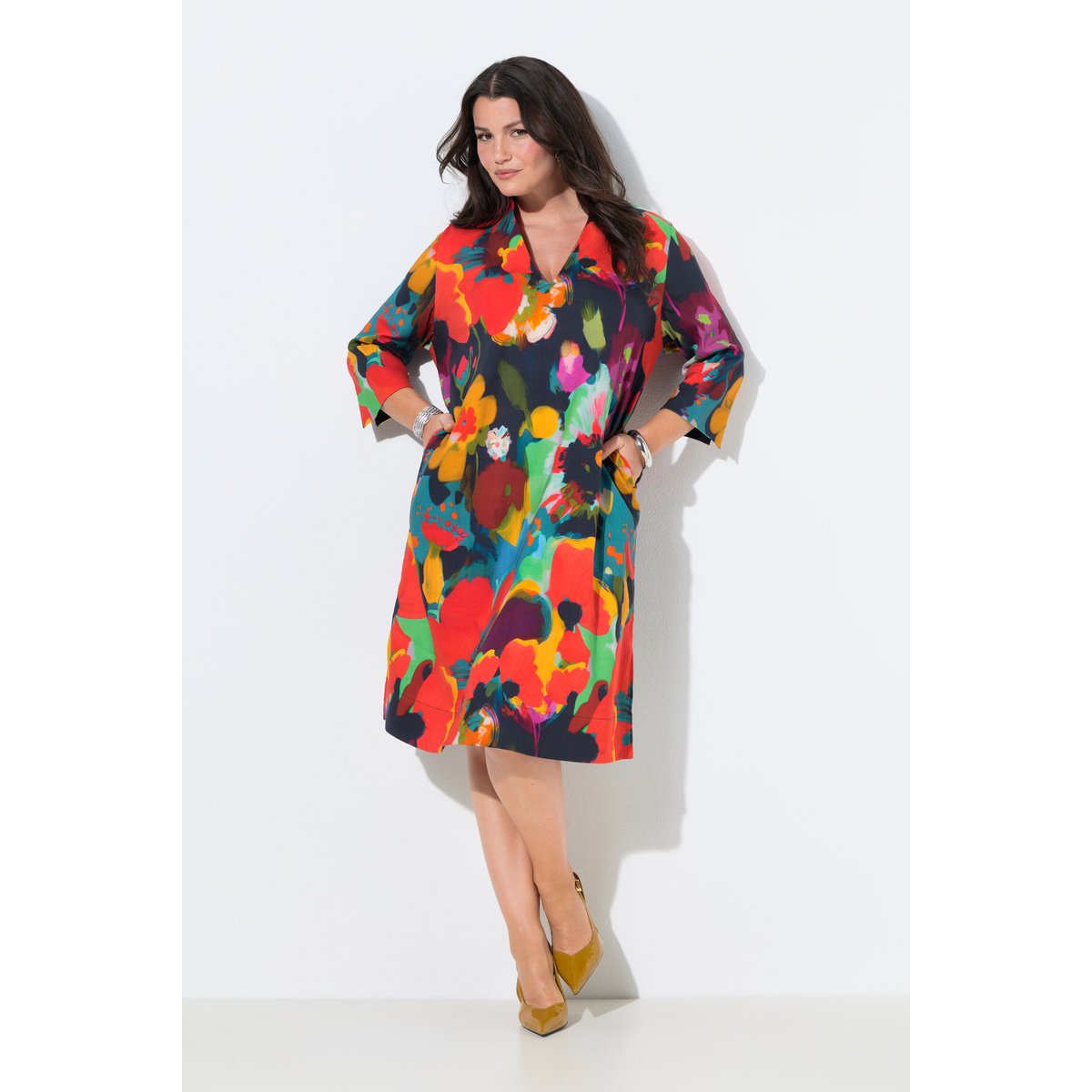 Robe midi en lin mélangé marine foncé, ULLA POPKEN