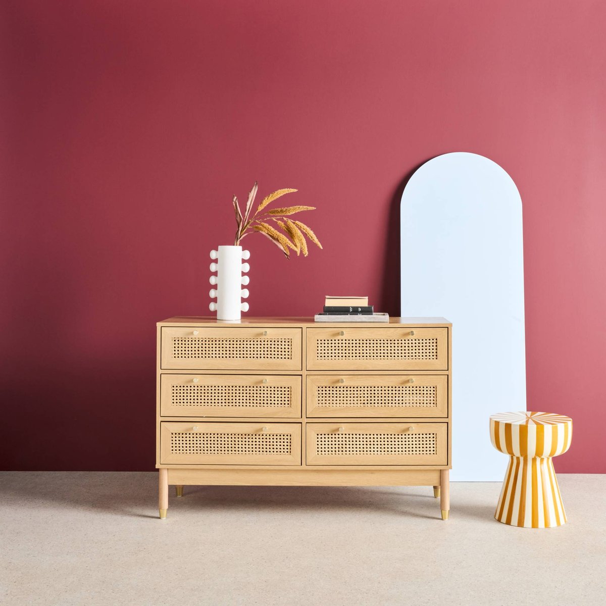 Commode décor bois et cannage 6 tiroirs JUDITH naturel, SWEEEK