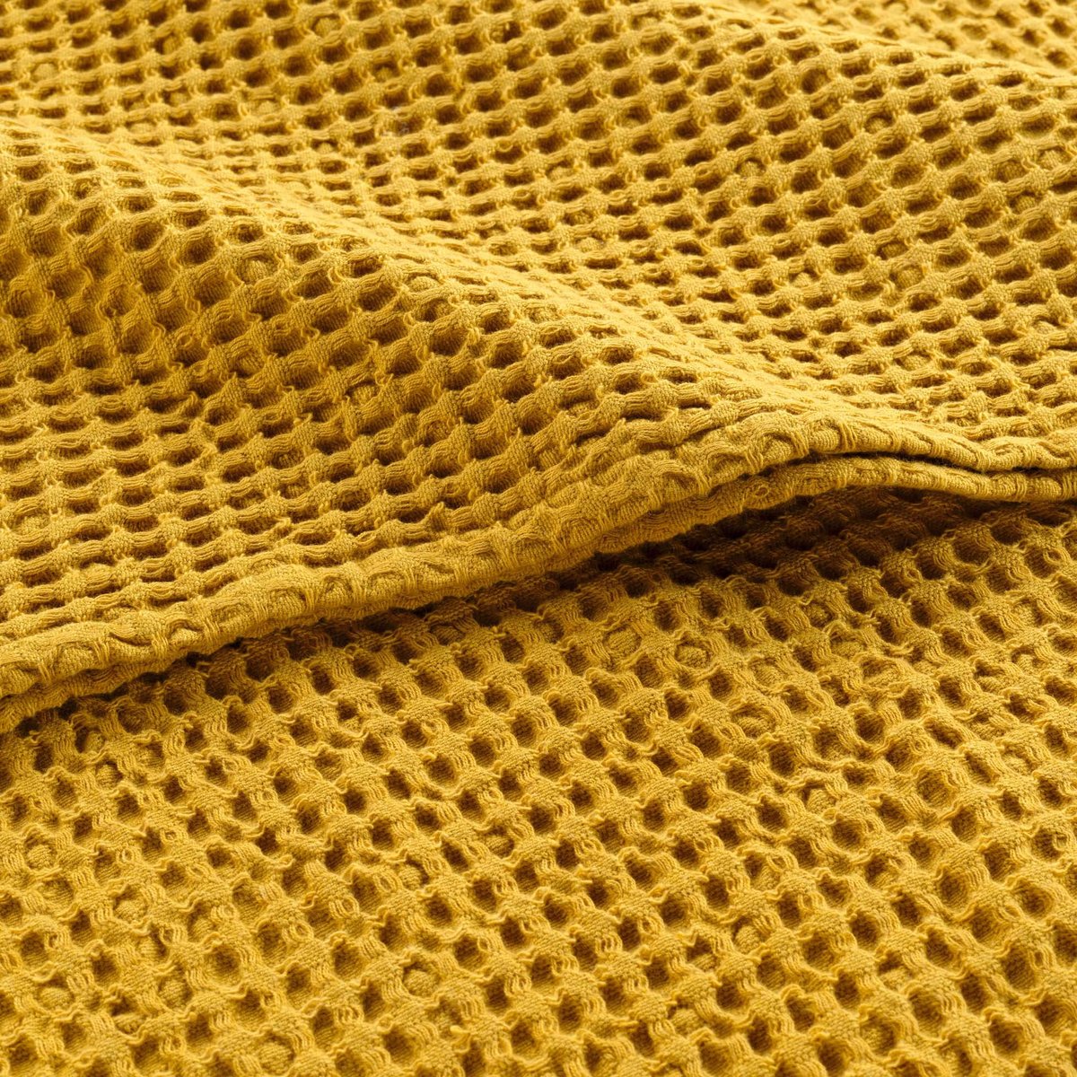Plaid gaufrette en coton uni jaune, DOUCEUR D'INTÉRIEUR