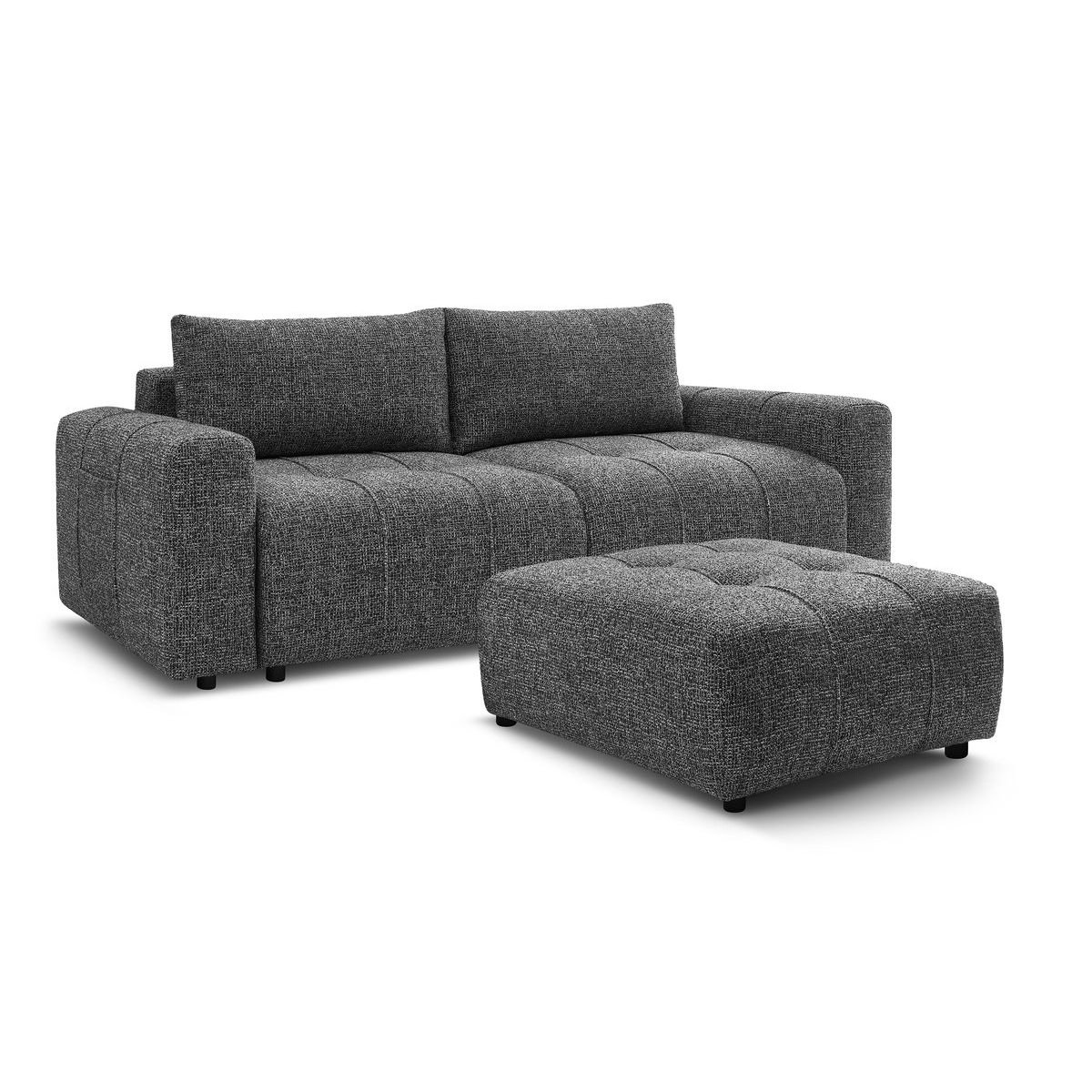 Canapé droit convertible 4 places en tissu chiné avec pouf, ARSENE gris foncé, BOBOCHIC