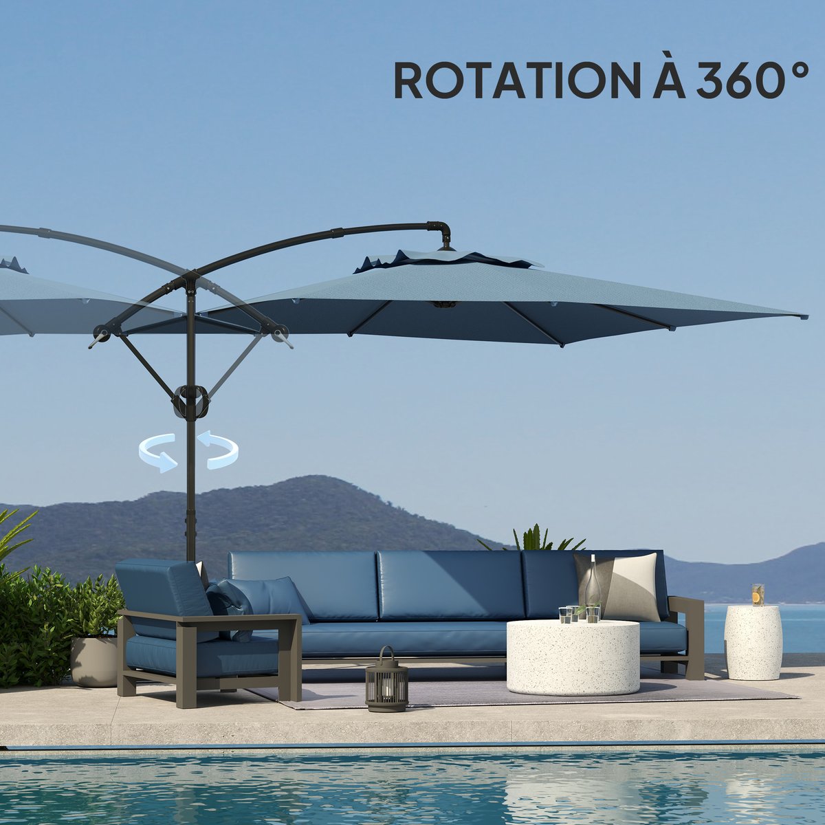 Parasol de terrasse à pied déporté Polyester bleu, OUTSUNNY