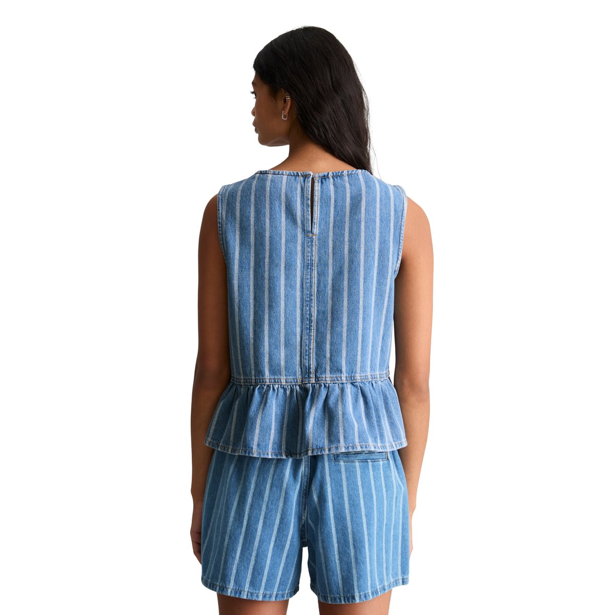 Blouse en jean-volant rayé relaxed en pur coton organique bleu, MARC O’POLO DENIM