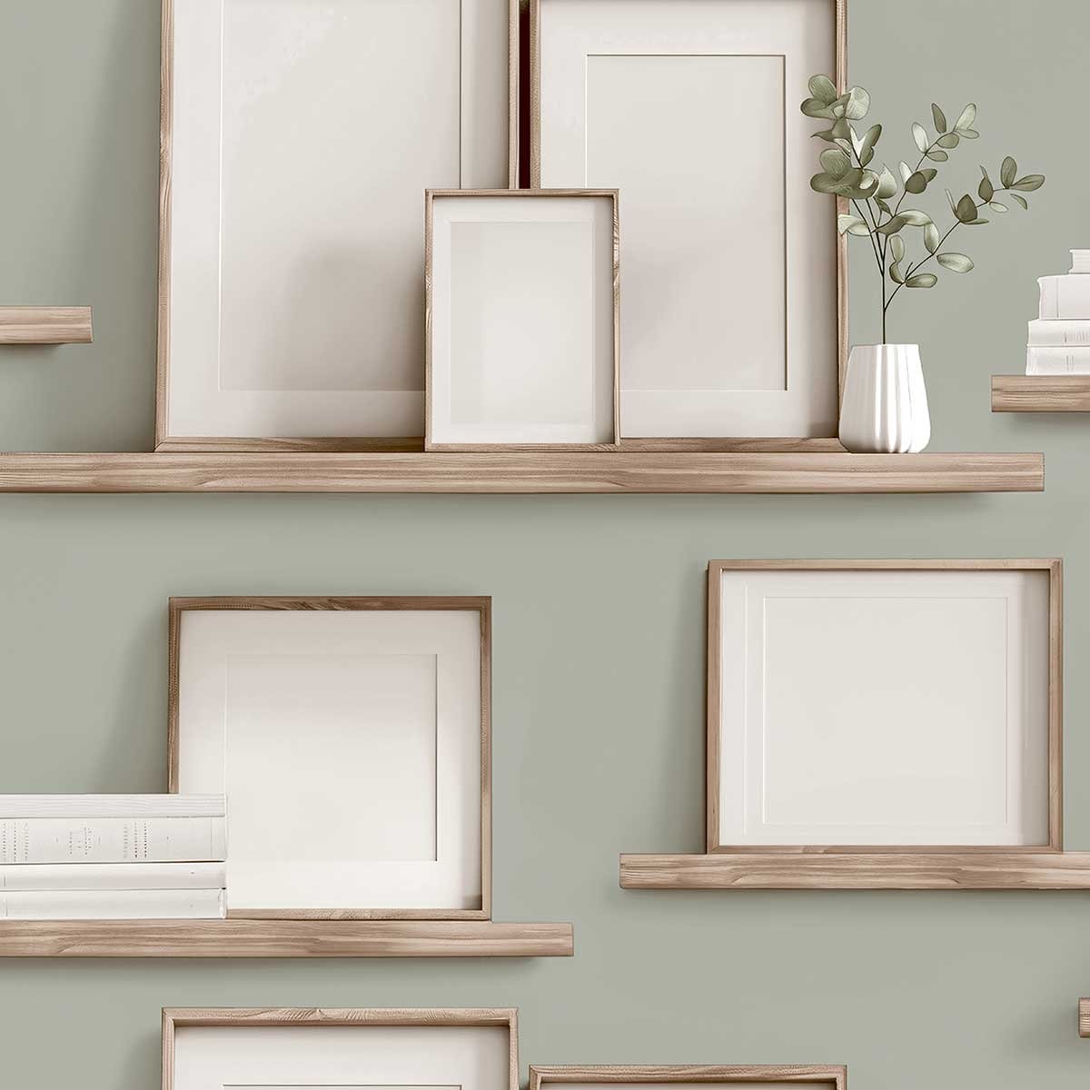 Papier peint étagères murales avec cadres bois naturel blanc, HEXOA