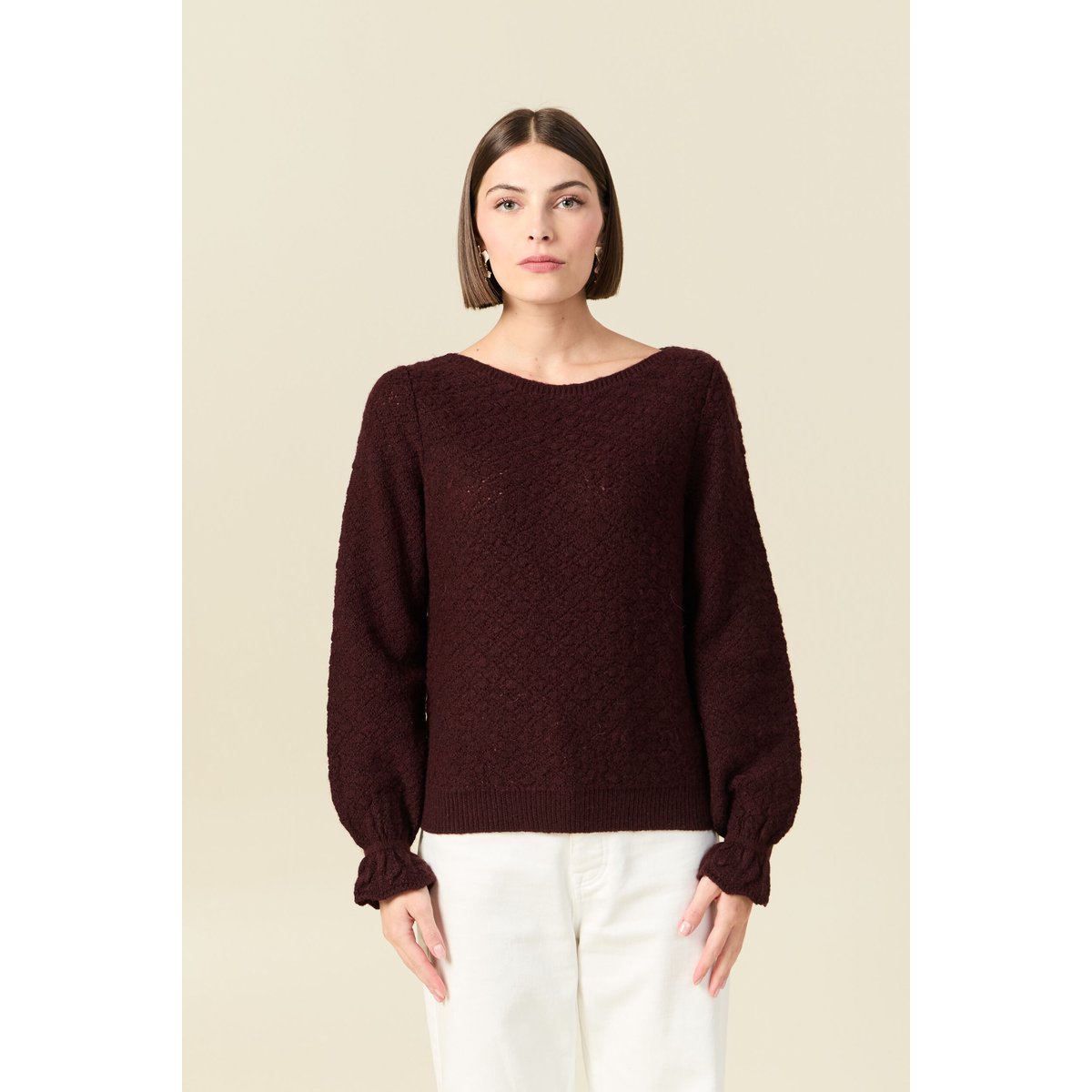 Pull ajouré col bateau manches longues prune, BONOBO