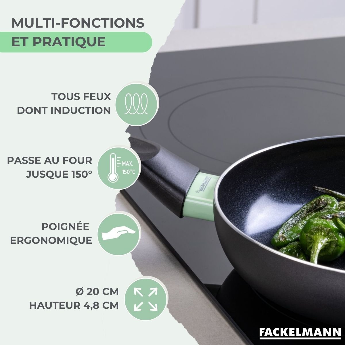 Poêle 20 cm aluminium revêtement céramique antiadhésif BRANDAO vert,noir, FACKELMANN