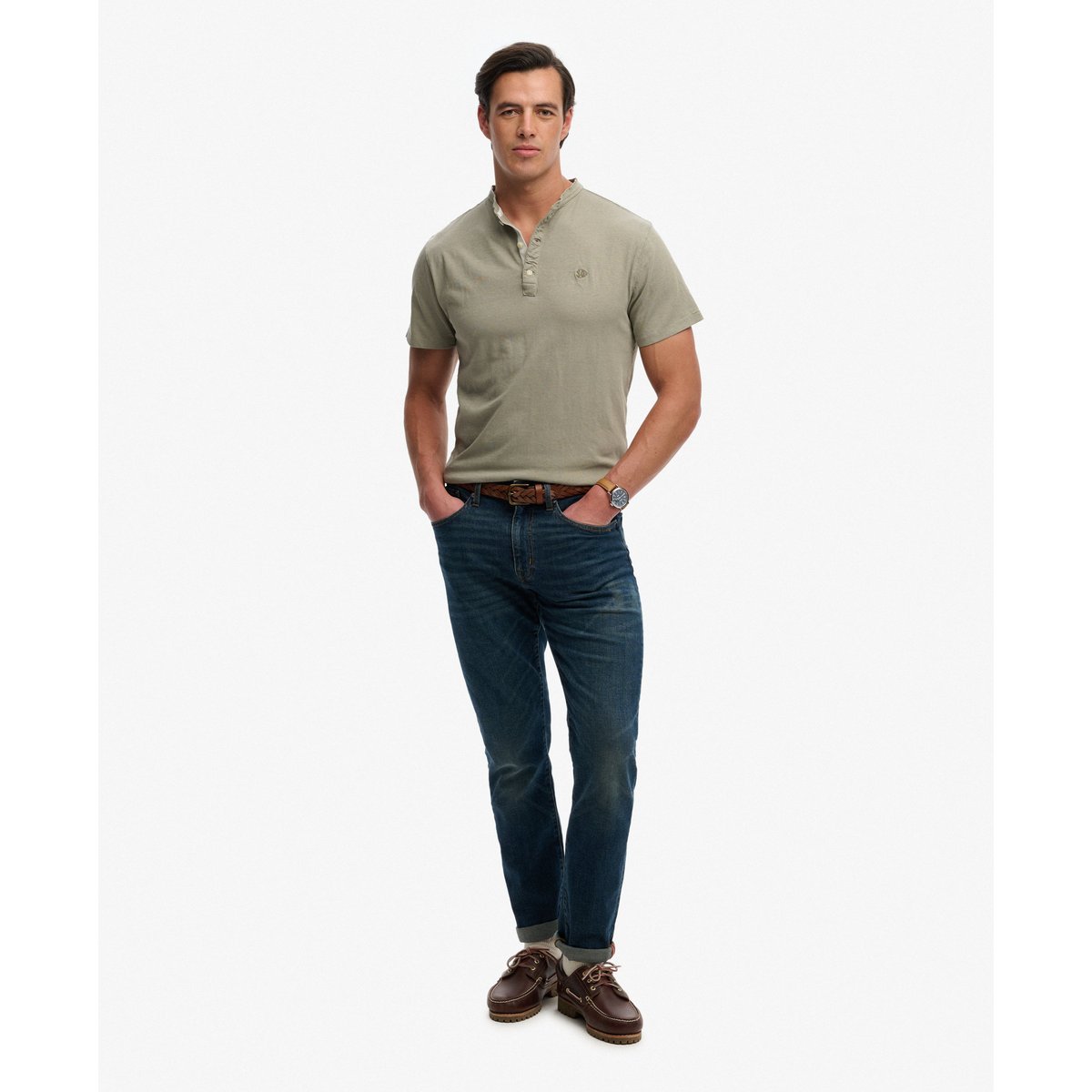 T-shirt Henley à manches courtes en coton et lin kaki clair, SUPERDRY