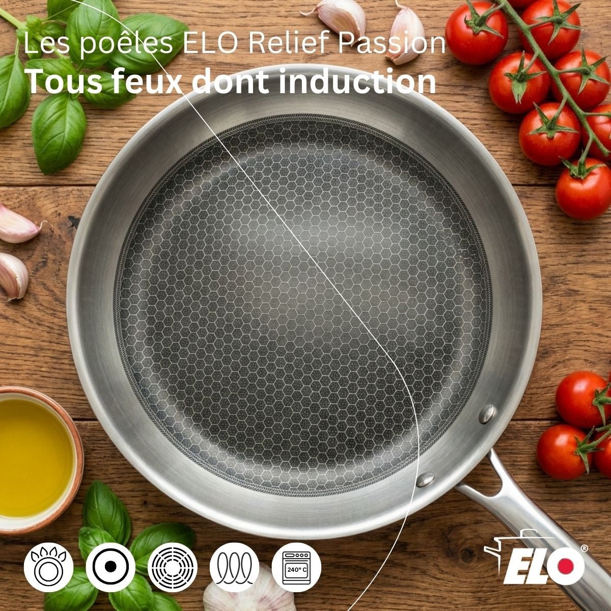 Batterie 2 poêles 24/28cm + 2 faitouts 12/16cm RELIEF PASSION gris, ELO