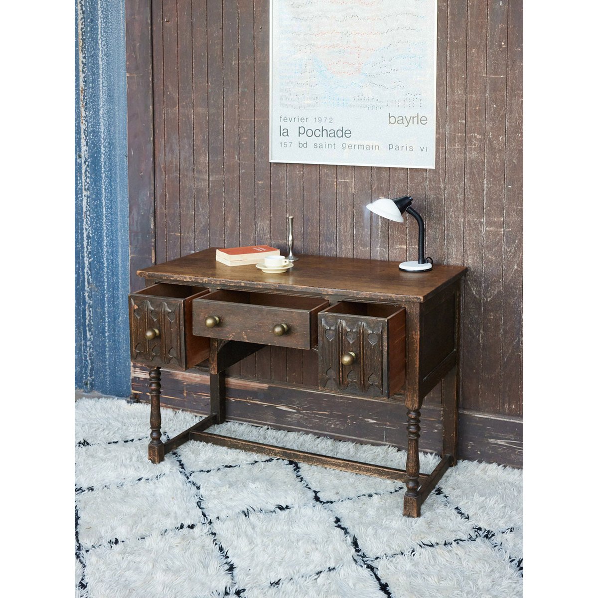 Bureau ancien en bois et boules laiton Edouard N°1119 - Bon état bois foncé, DEBONGOUT