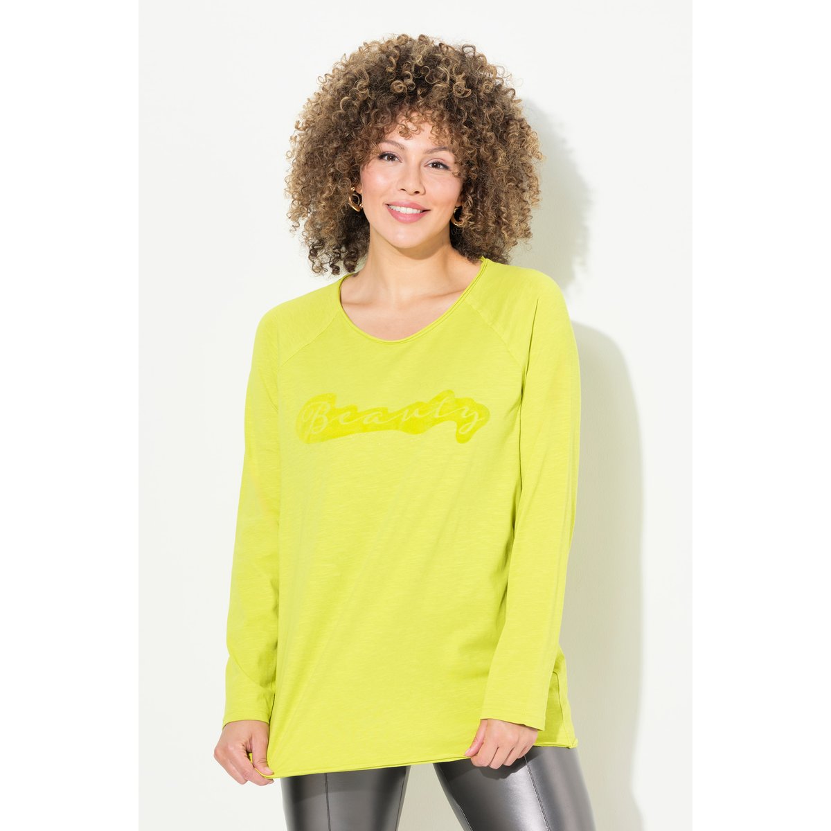 T-shirt évasé à manches longues et col rond vert clair, ULLA POPKEN