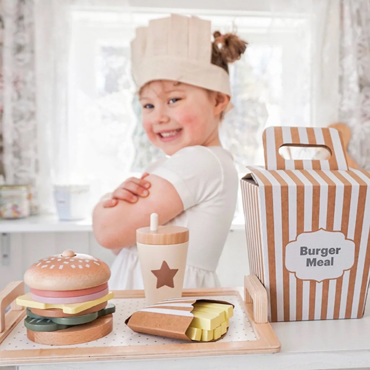 Jouet en bois dinette menu burger beige, JABADABADO