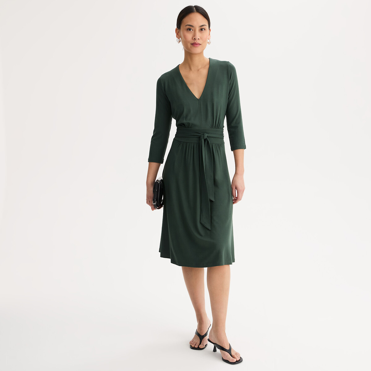 Robe évasée en maille, longueur genou, manches 3/4 vert foncé, ANNE WEYBURN