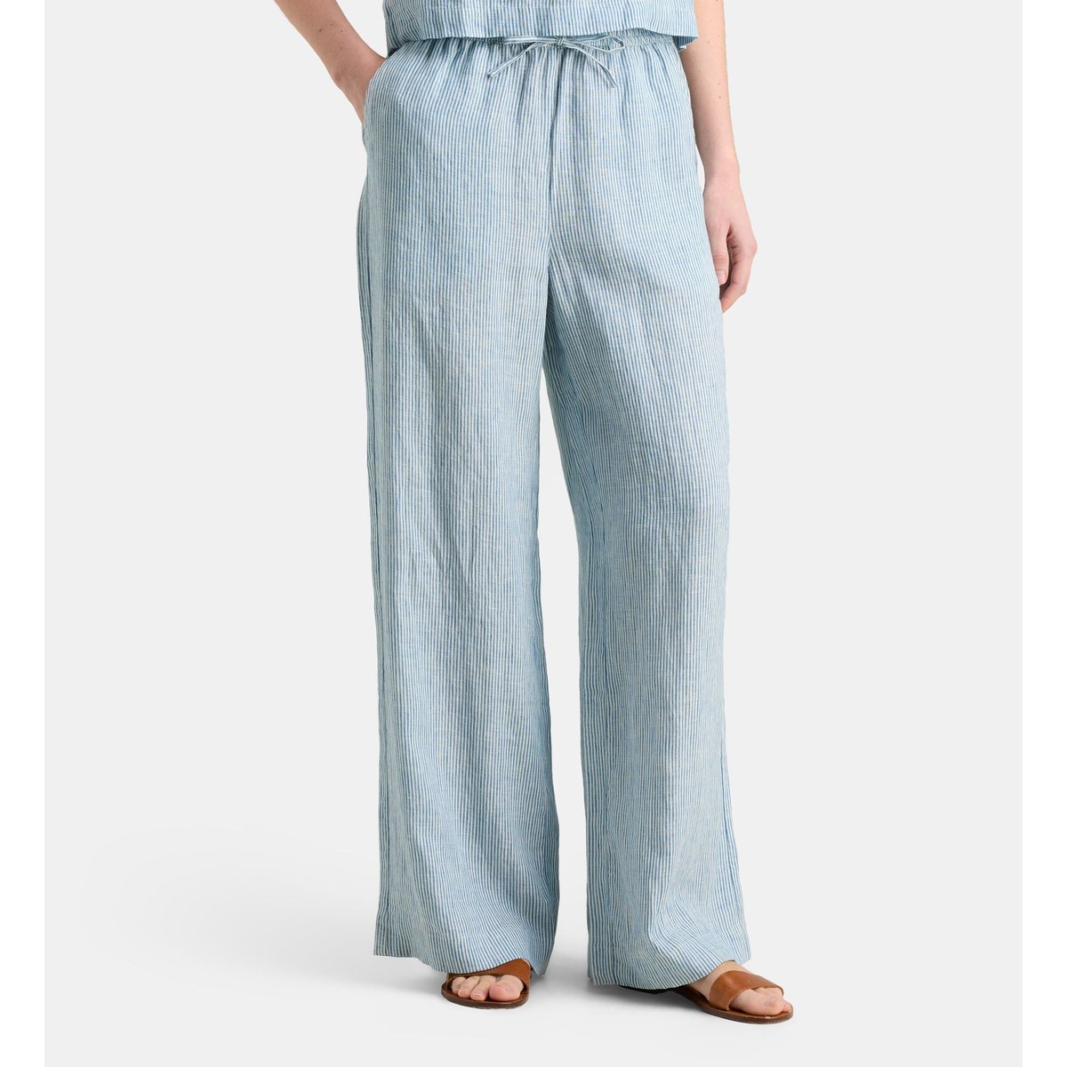 Pantalon large elios lin écru et bleu, GALERIES LAFAYETTE