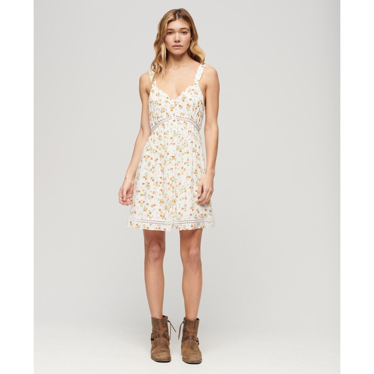 Robe caraco à col V et liseré en dentelle petites fleurs blanches, SUPERDRY