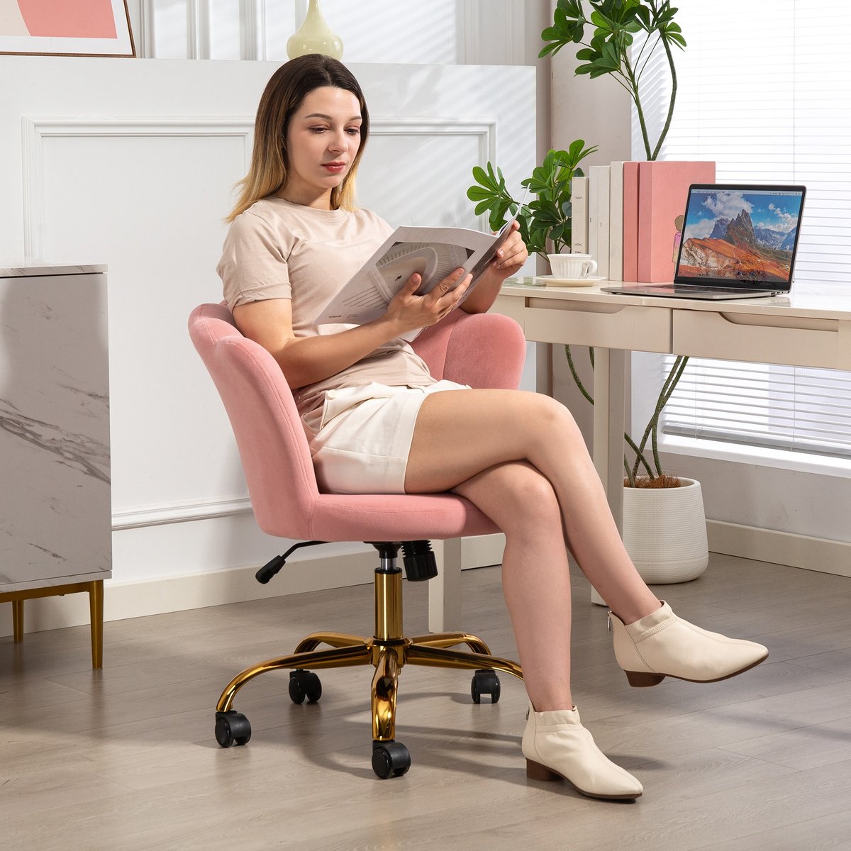 Chaise de bureau Velours (100% polyester) rose, HOMCOM