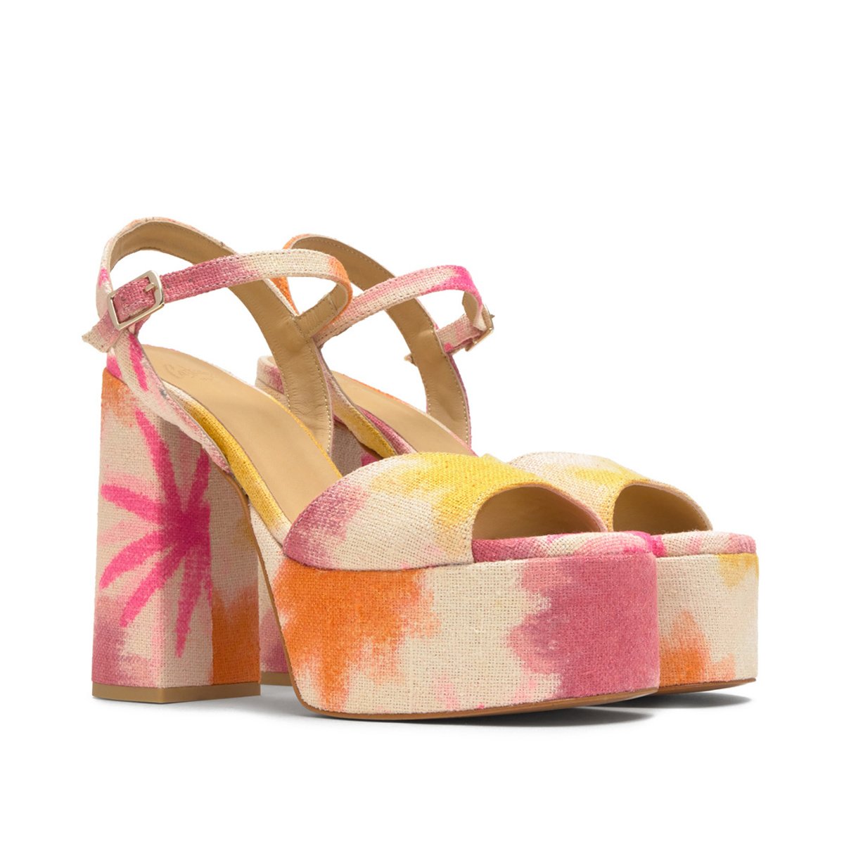 Sandales à talon bloc en lin imprimé floral tie-dye FLORA ULTRA PLATFORM rose, CASTANER