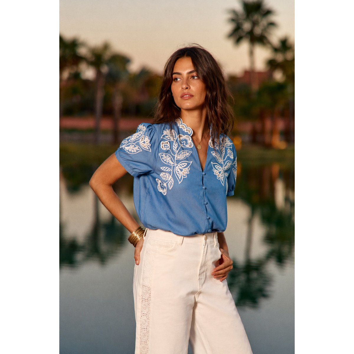 Blouse manches courtes col v imprimé floral TENCY 24-chambray, LA PETITE ETOILE
