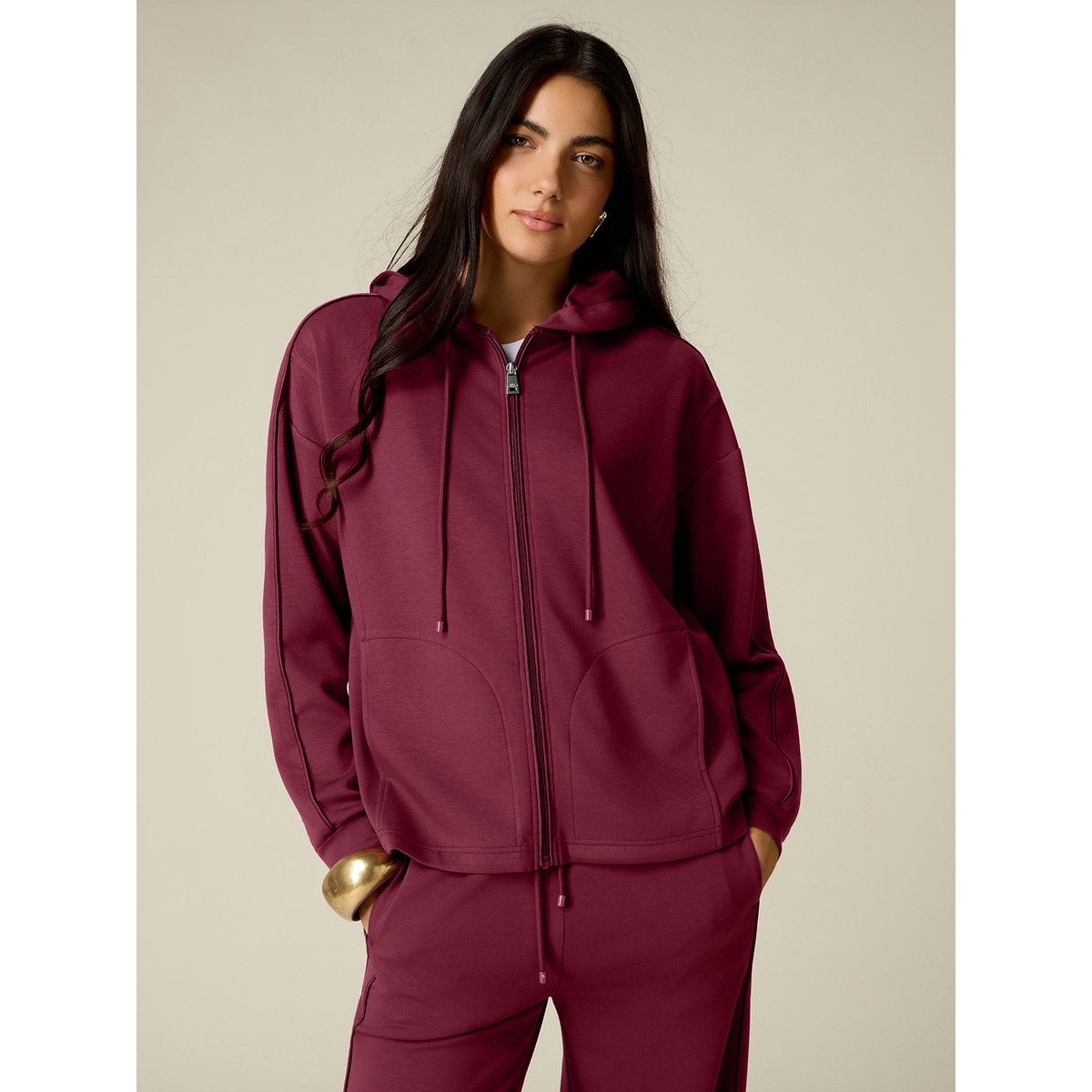 Sweat ouvert à capuche et passepoil rose, OLTRE