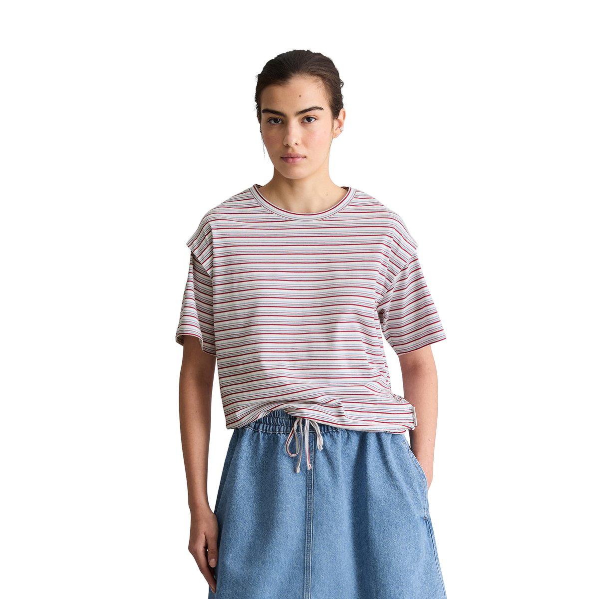 T-shirt à rayures relaxed avec cordon de serrage à l'ourlet blanc, MARC O’POLO DENIM