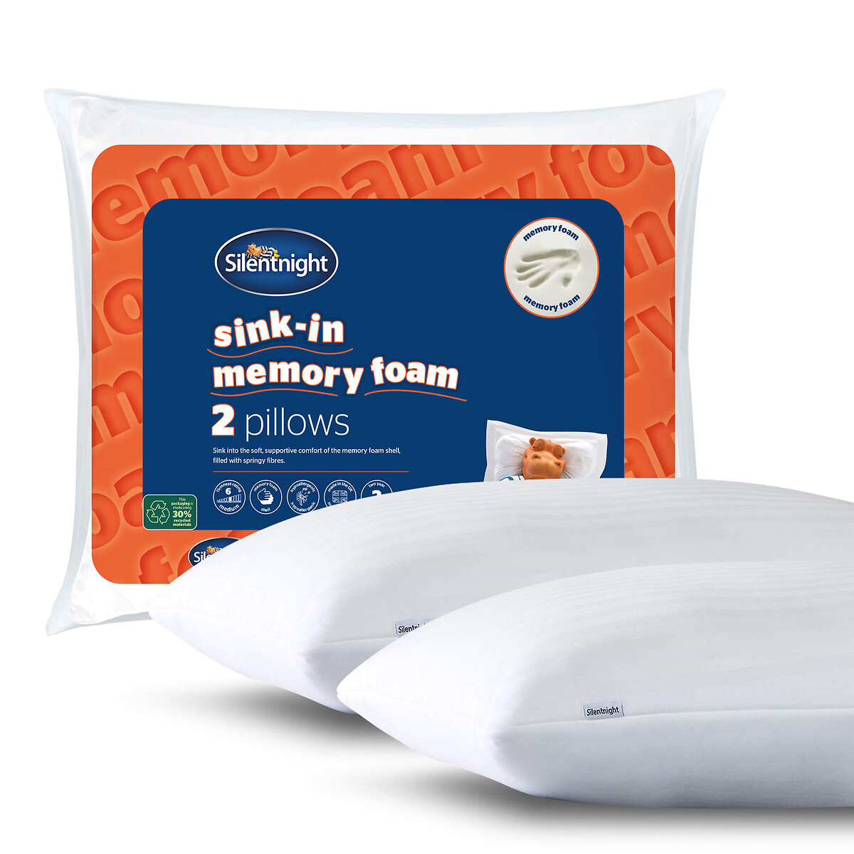 Sink-In Memory Foam Pillow - 2 Pack white, SILENTNIGHT