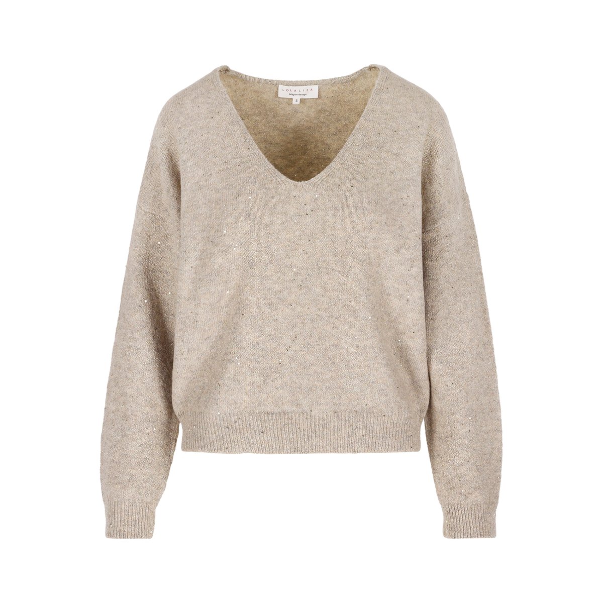 Pull col V à fil brillant taupe, LOLALIZA