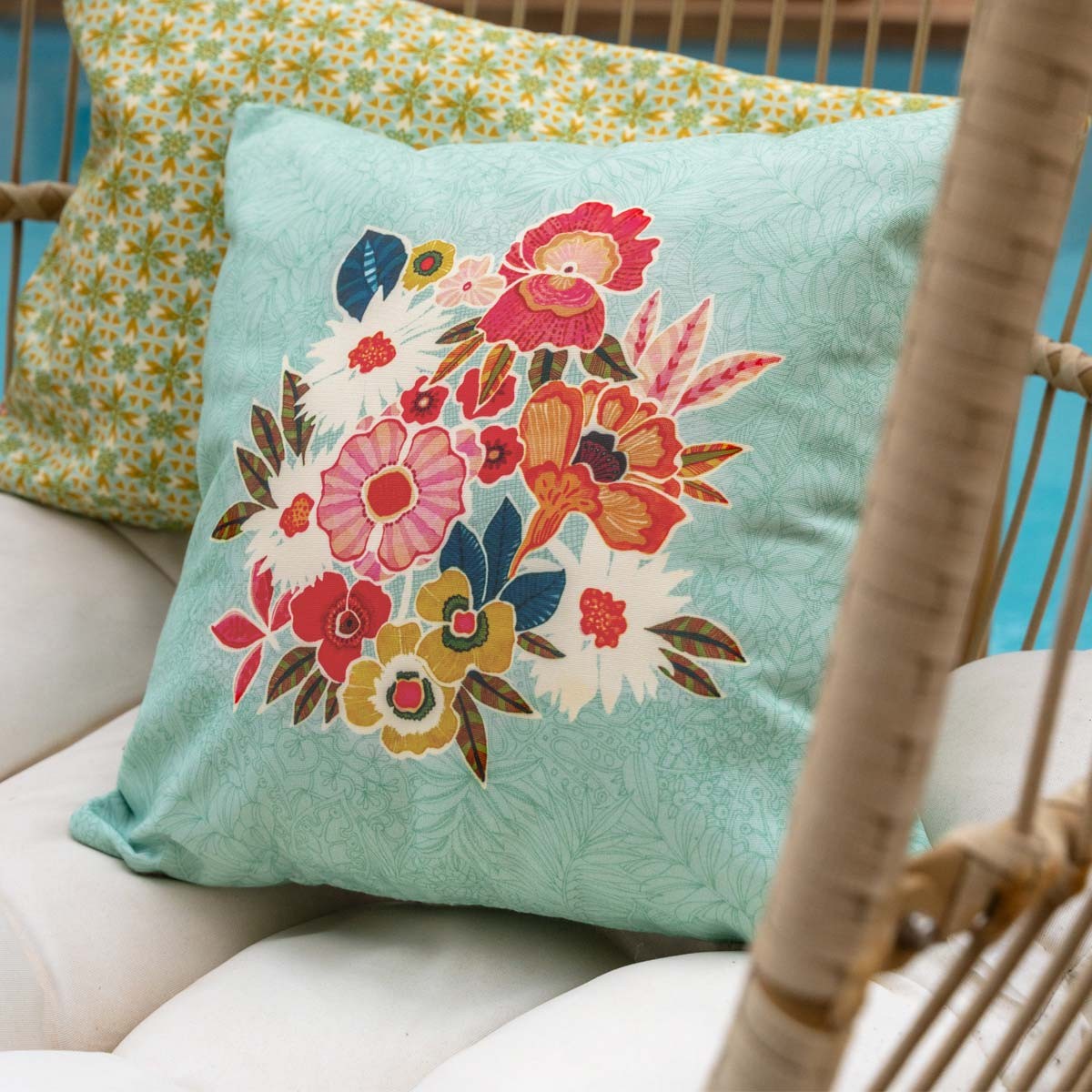 Housse de coussin extérieur KIMIKO bleu, VENT DE BOHÈME