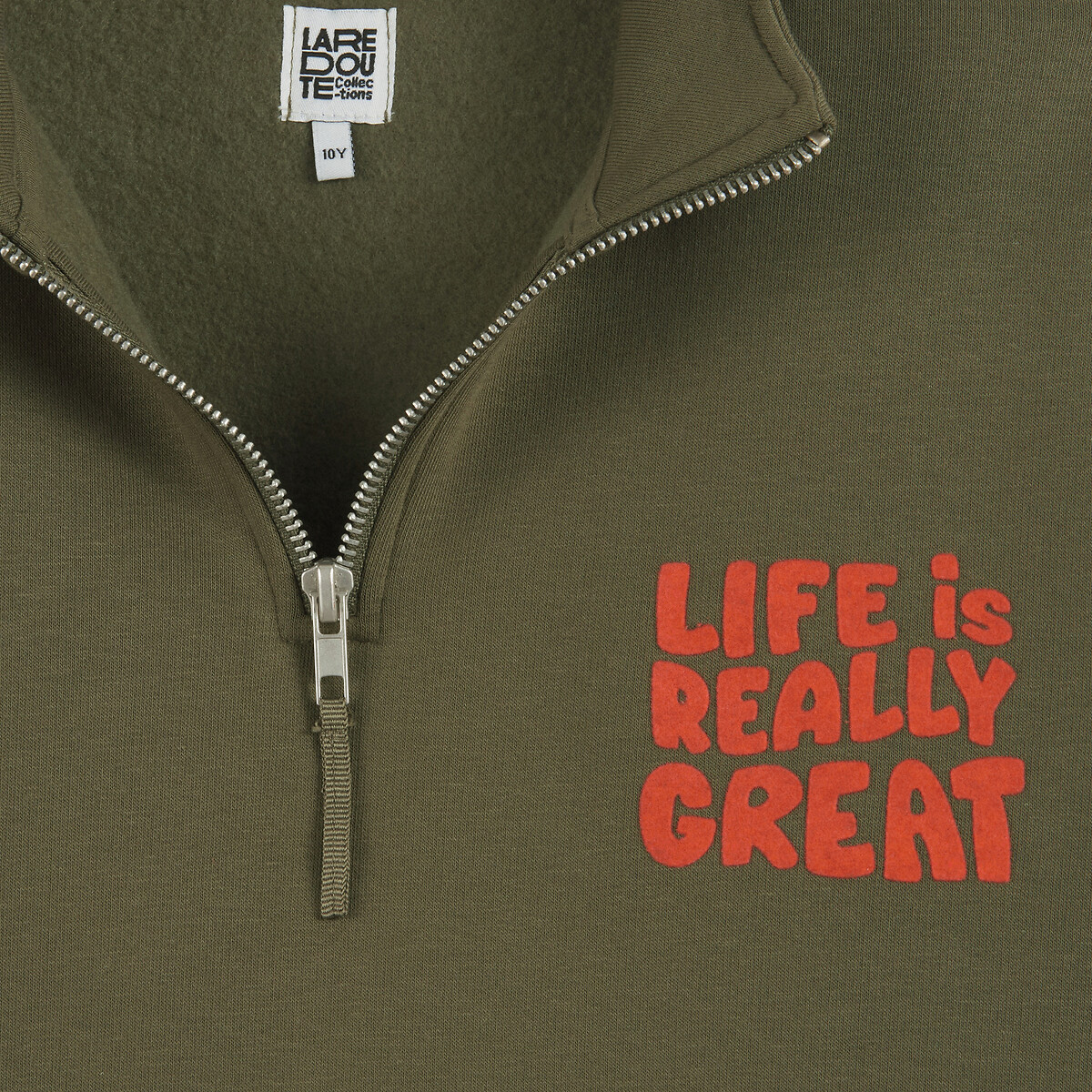 Felpa trucker con zip e messaggio stampato, in pile verde kaki, LA REDOUTE COLLECTIONS