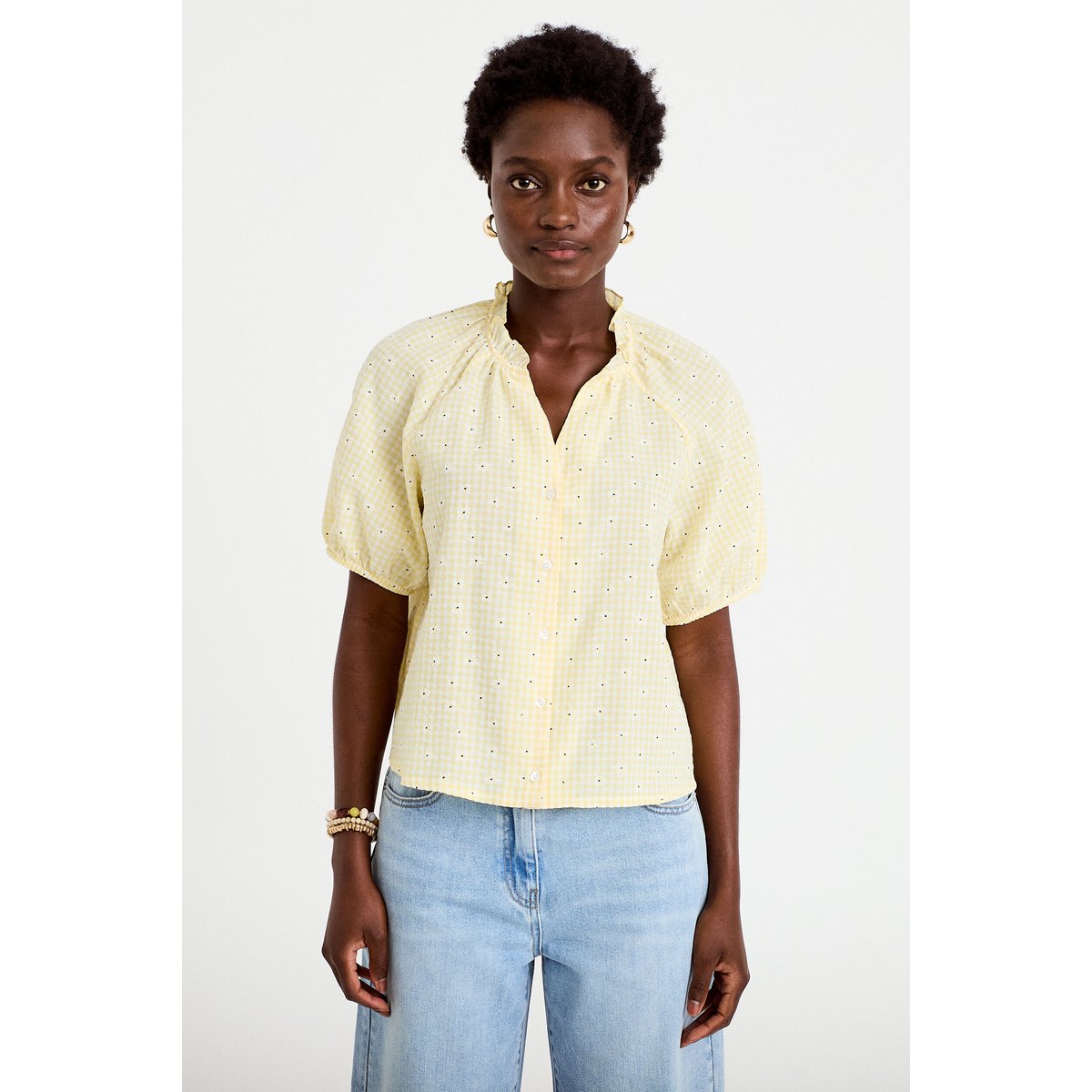 Blouse droite col v manches courtes jaune clair, CACHE CACHE