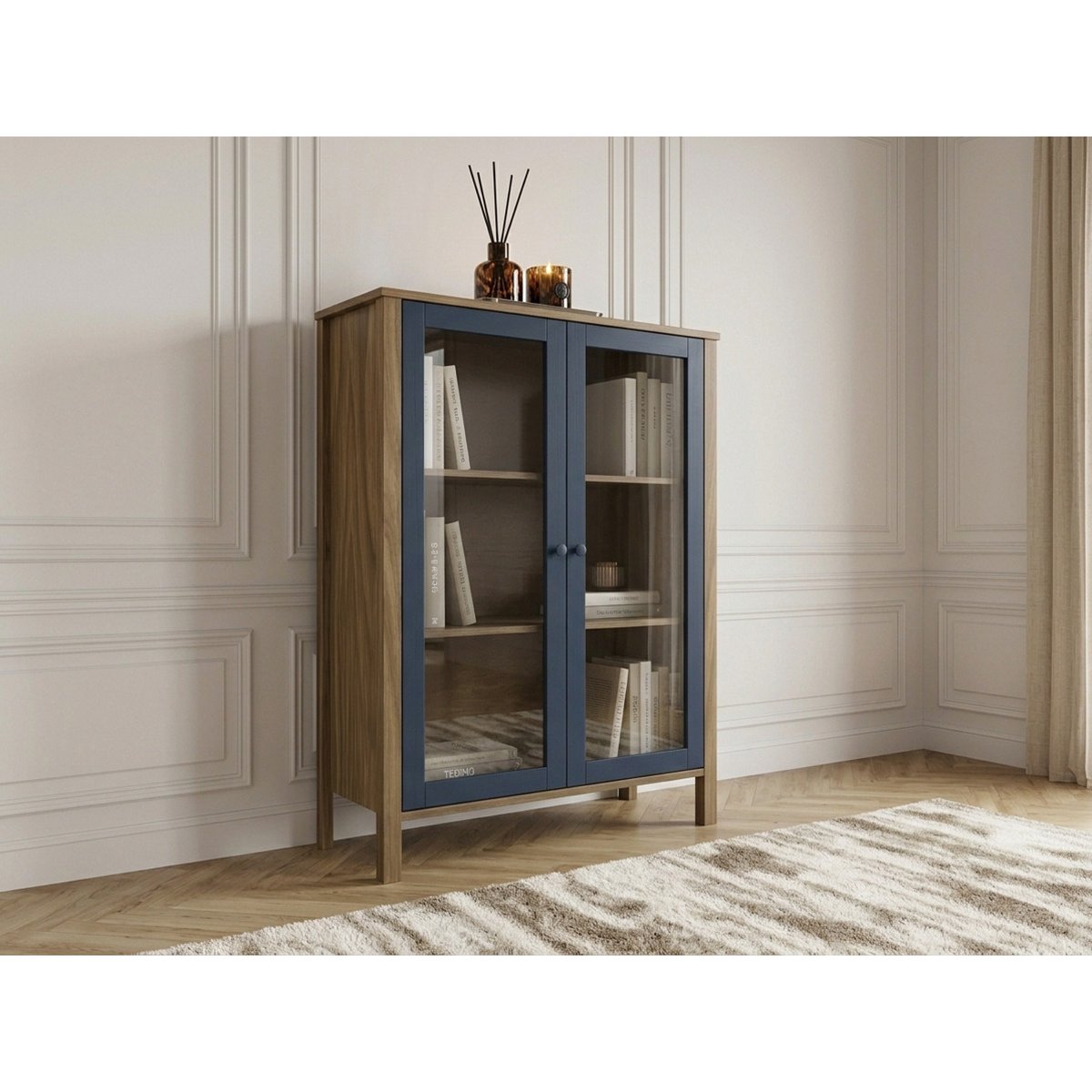 Buffet en panneaux de particules 2 portes 90 cm, LEXIE bleu, BOBOCHIC