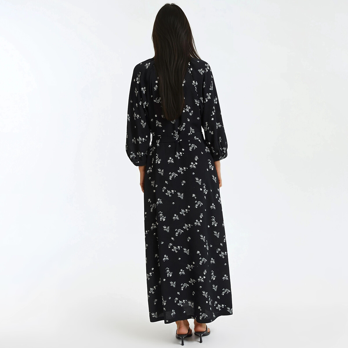 Robe évasée, imprimé floral, longue, manches 3/4 imprimé fond noir, LA REDOUTE COLLECTIONS