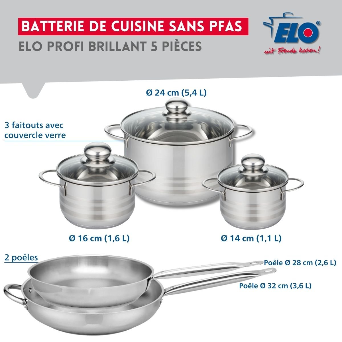 Batterie 2 poêles 28/32cm + 3 faitouts 14/16/24cm PROFI BRILLANT inox, ELO