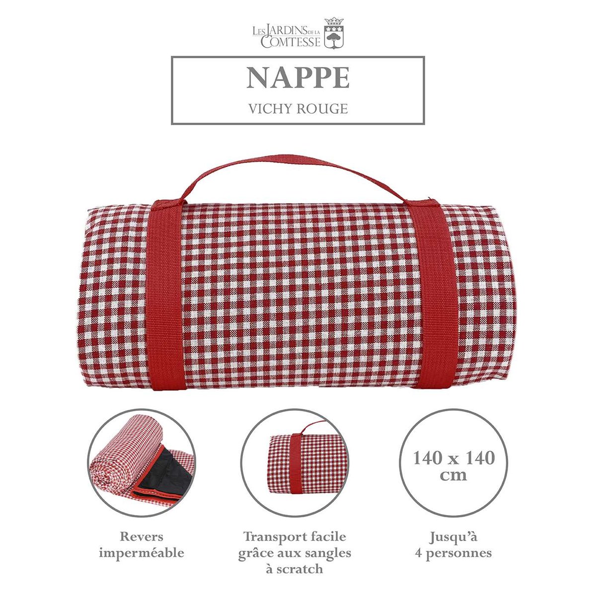 Nappe pique-nique à revers imperméable viche rouge, LES JARDINS DE LA COMTESSE