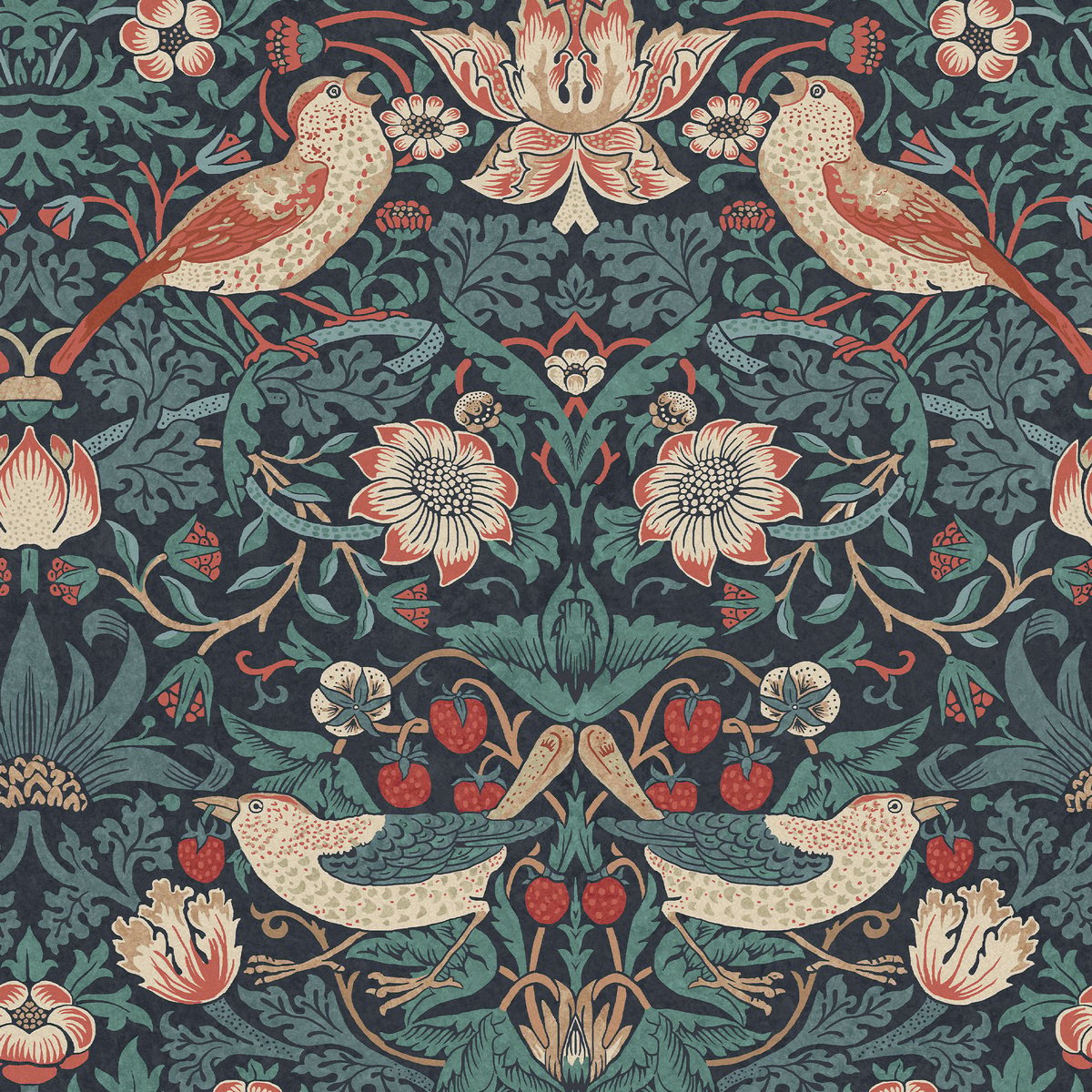 Papier peint Fleurs de fraisier et oiseaux au soleil de midi vert, bleu, rouge, WILLIAM MORRIS AT HOME
