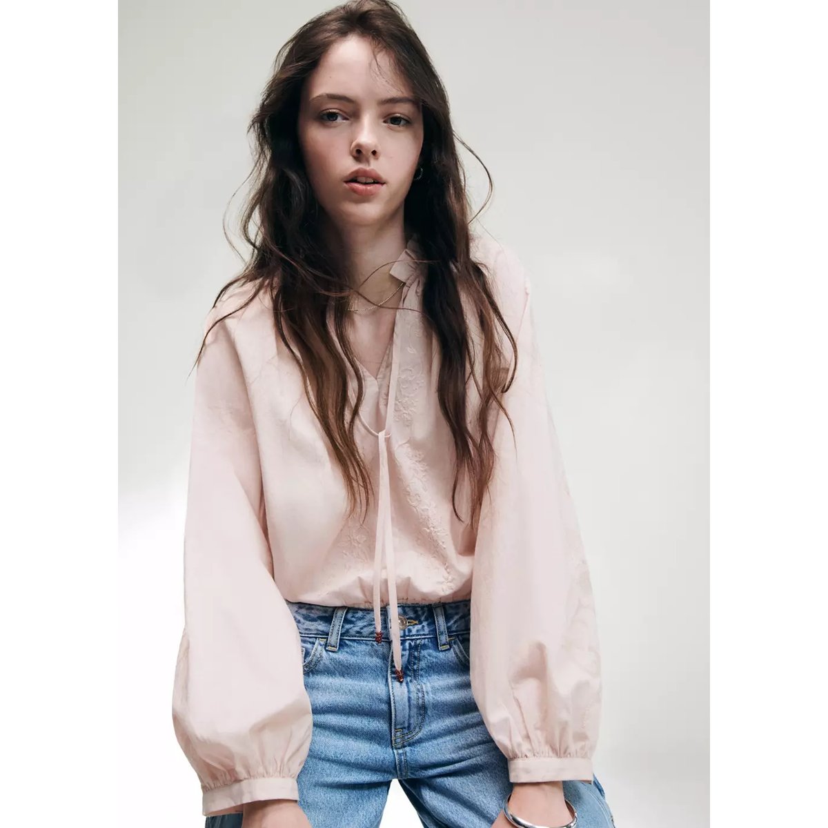 Blouse à manches bouffantes broderies rose pastel, MANGO TEEN