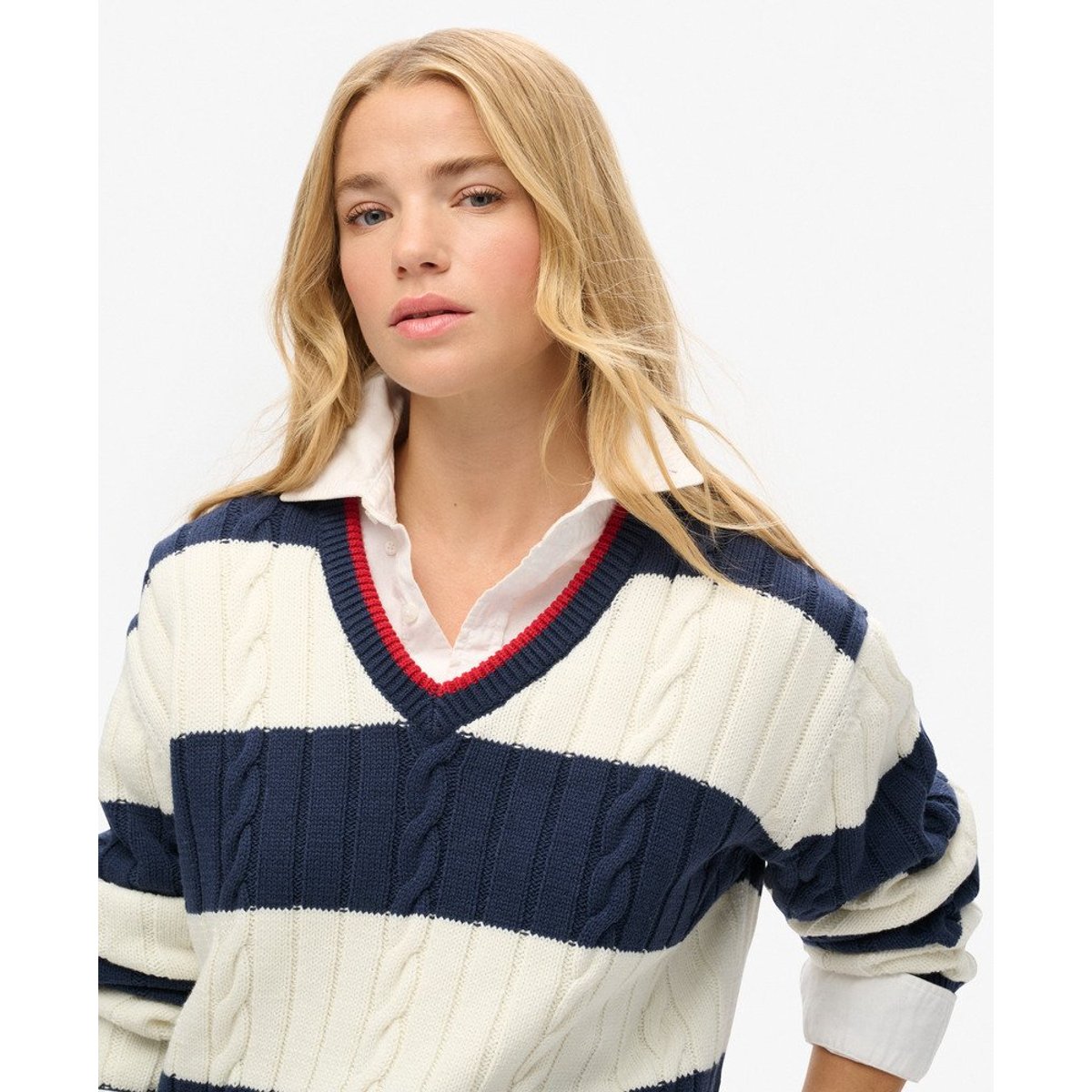 Pull oversize torsadé et rayé à col V rayé bleu marine profond, SUPERDRY