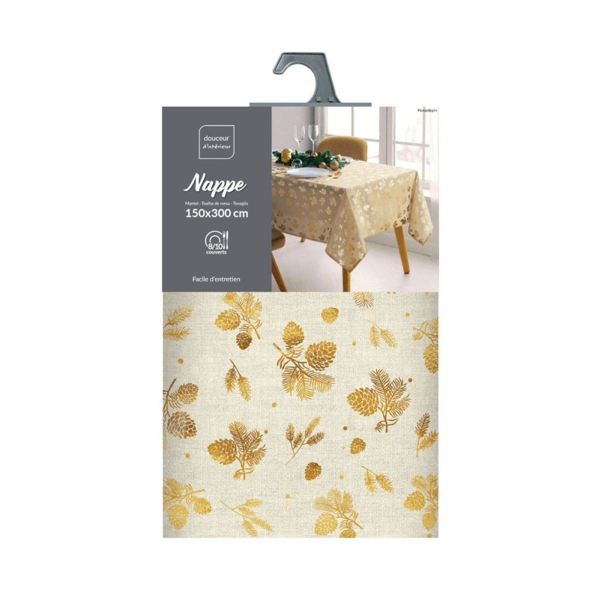 Nappe Rectangulaire 150x300 Imprimé Doré Pomme De Pin beige, DECORATIE