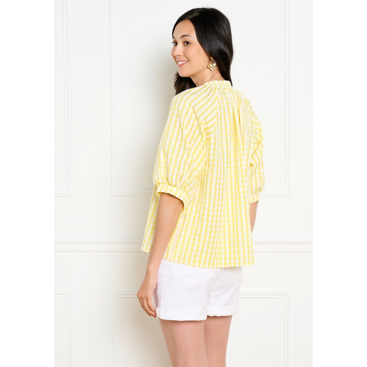 Blouse col tunisien à carreaux jaune soleil, LOLALIZA
