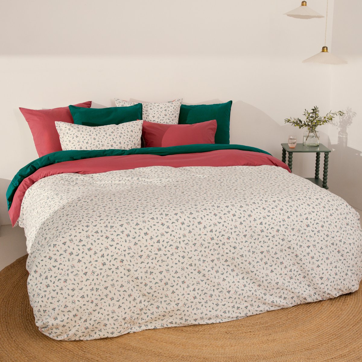 Housse de couette coton NÉO rose botanic, CARRE BLANC