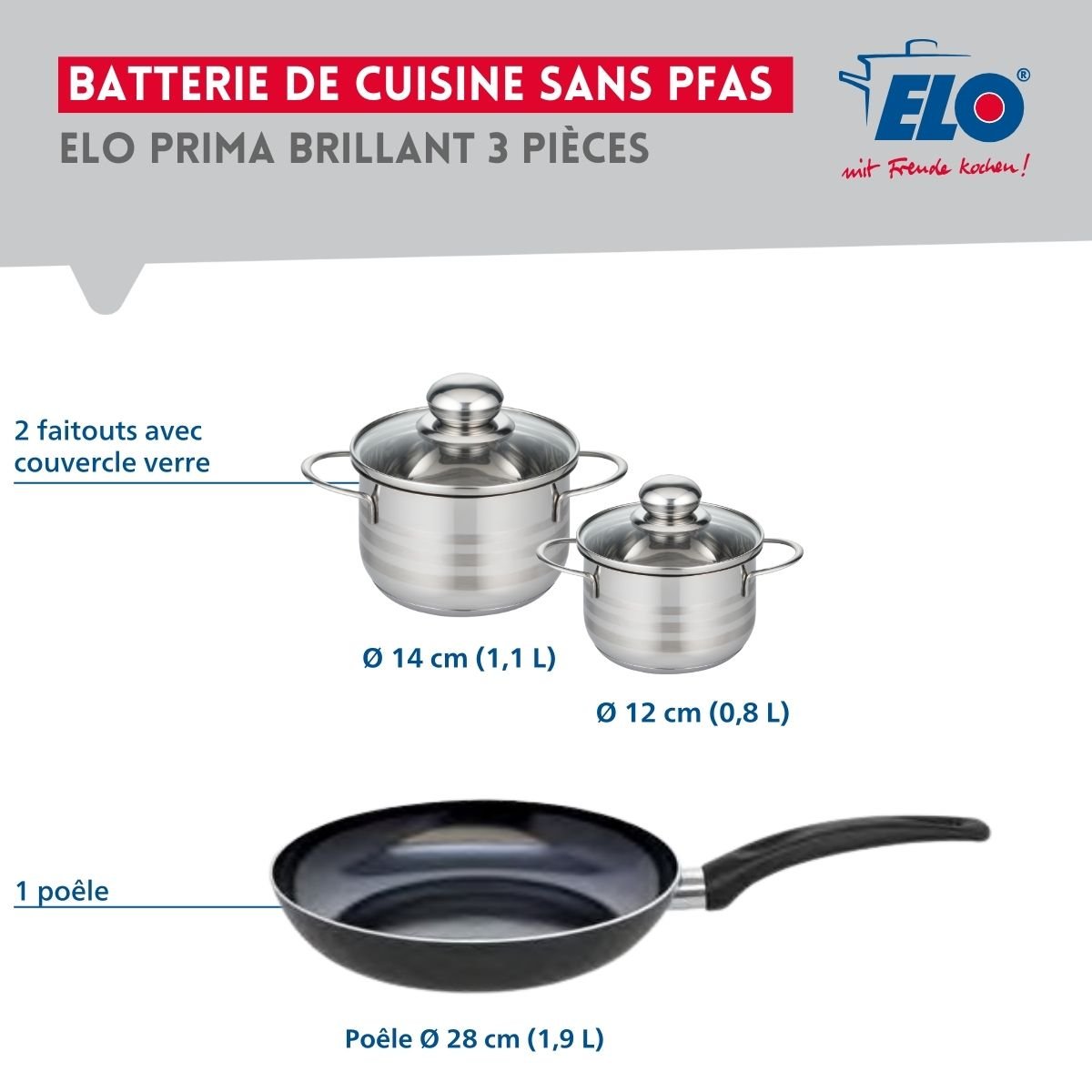 Batterie 1 poêle 28cm + 2 faitouts 12/14cm PRIMA BRILLANT noir, ELO
