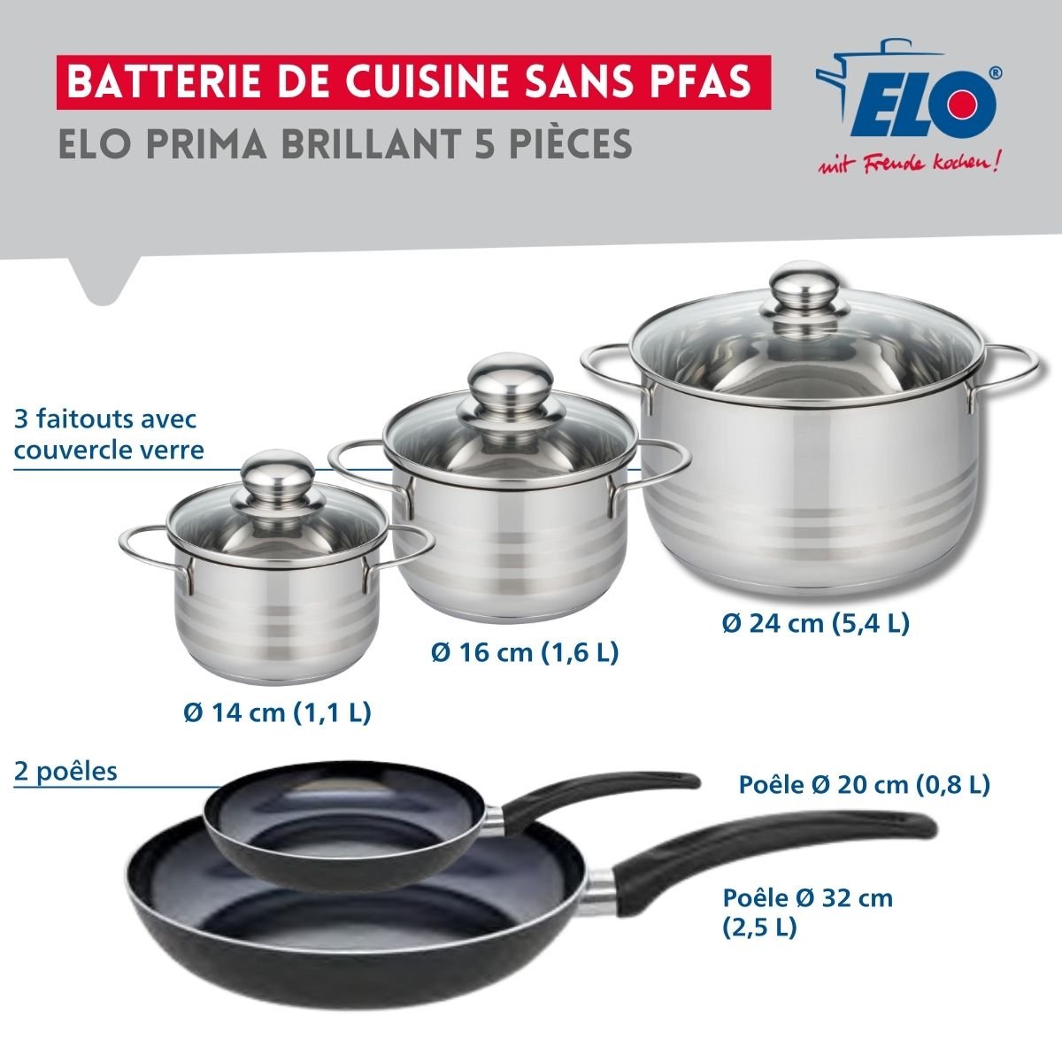 Batterie 2 poêles 20/32cm + 3 faitouts 14/16/24cm PRIMA BRILLANT noir, ELO