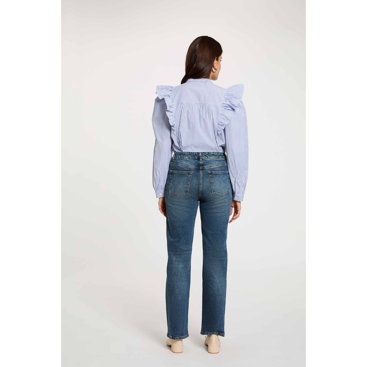 Chemise rayée col mao bleu ciel, MORGAN