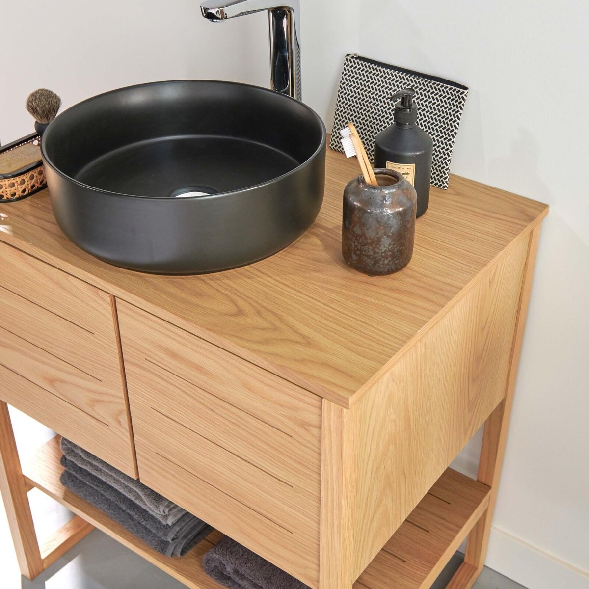 Meuble 70cm chêne vasque ronde noire robinet miroir ATOLL couleur unique, MOB IN