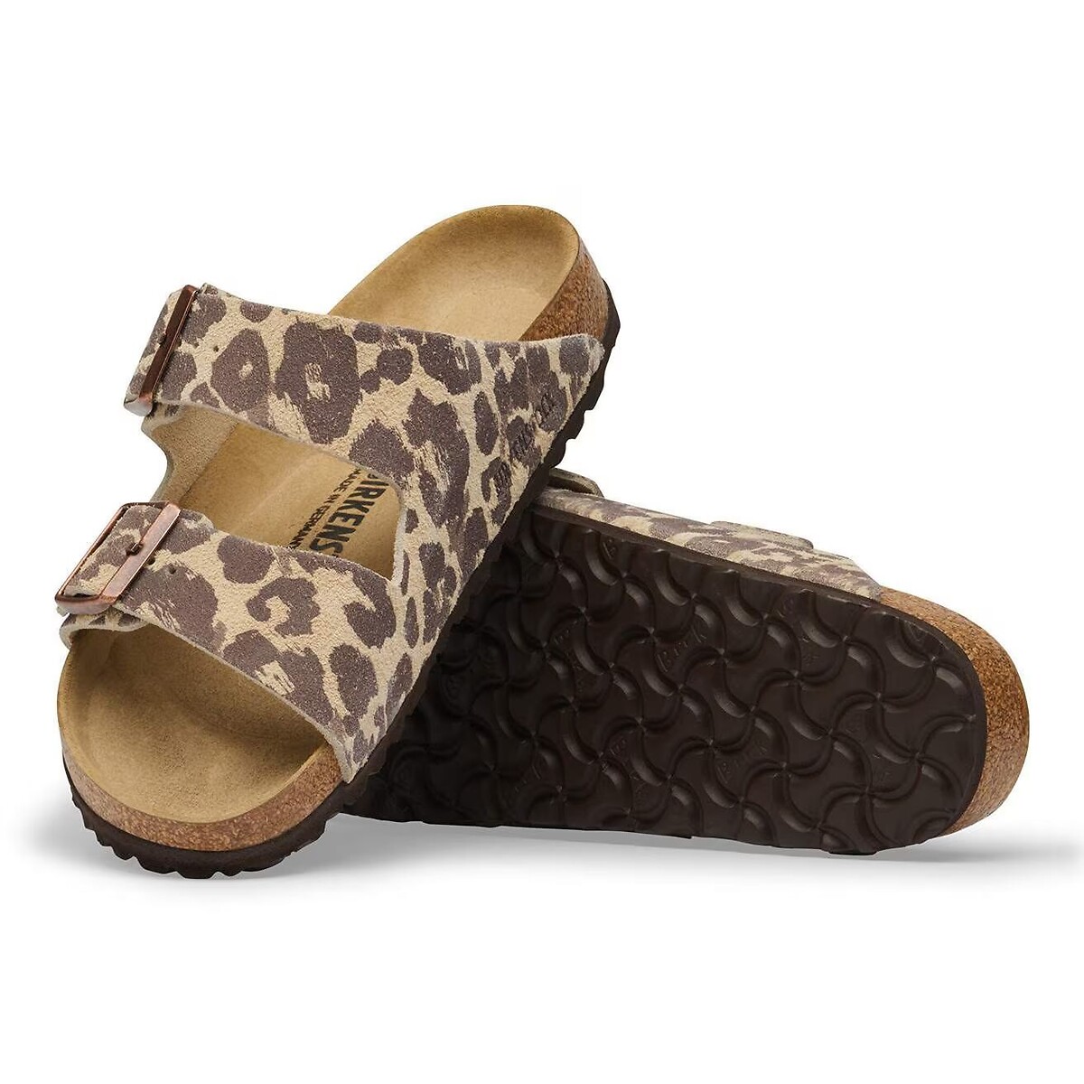 Mules doubles brides en cuir suédé Arizona Rivet imprimé léopard, BIRKENSTOCK
