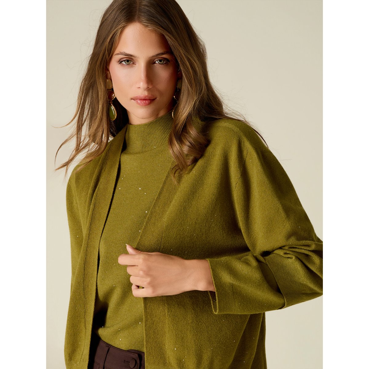 Cardigan avec micro paillettes verde militare, OLTRE