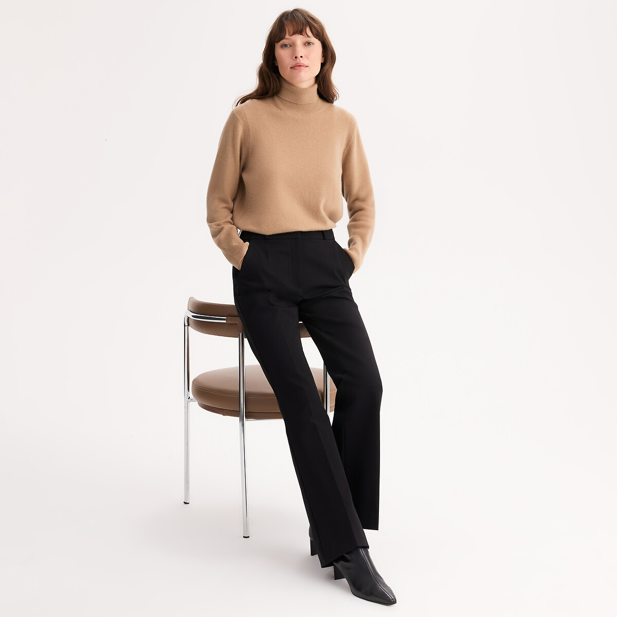 Pantalon forme bootcut, coton stretch noir, ANNE WEYBURN