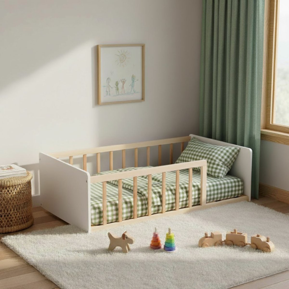 Lit enfant inspiration Montessori au sol à barreaux bicolore 90x190 naturel, TERRE DE NUIT